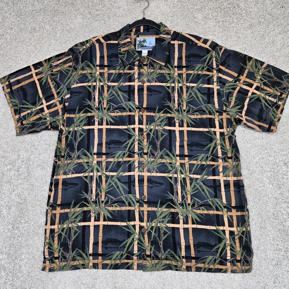 AFTCO Bluewater Hawaiian‎ shirt Men's Large Button Up Fish Bamboo print USA MADE